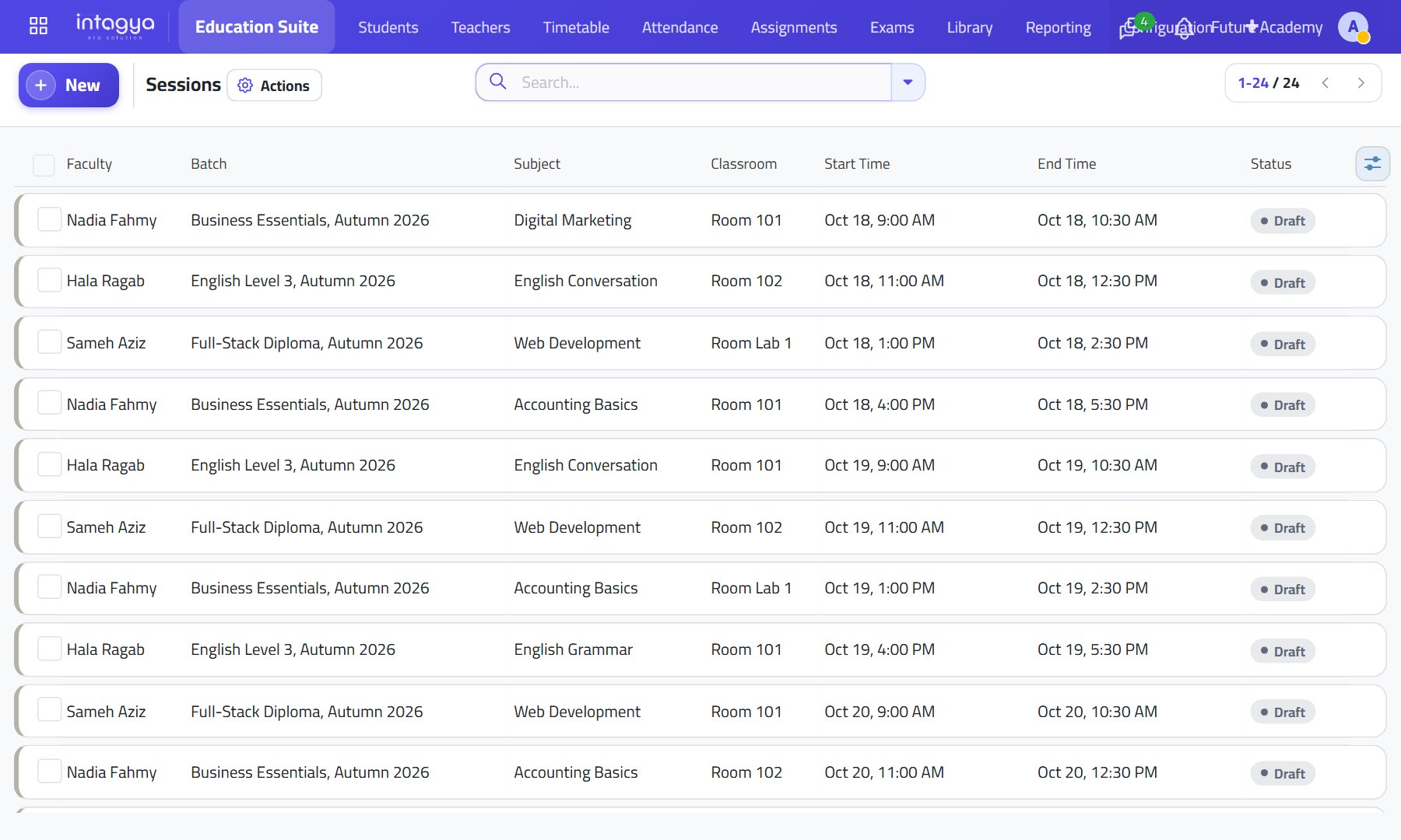 The timetable: the week's sessions with subject, teacher and room