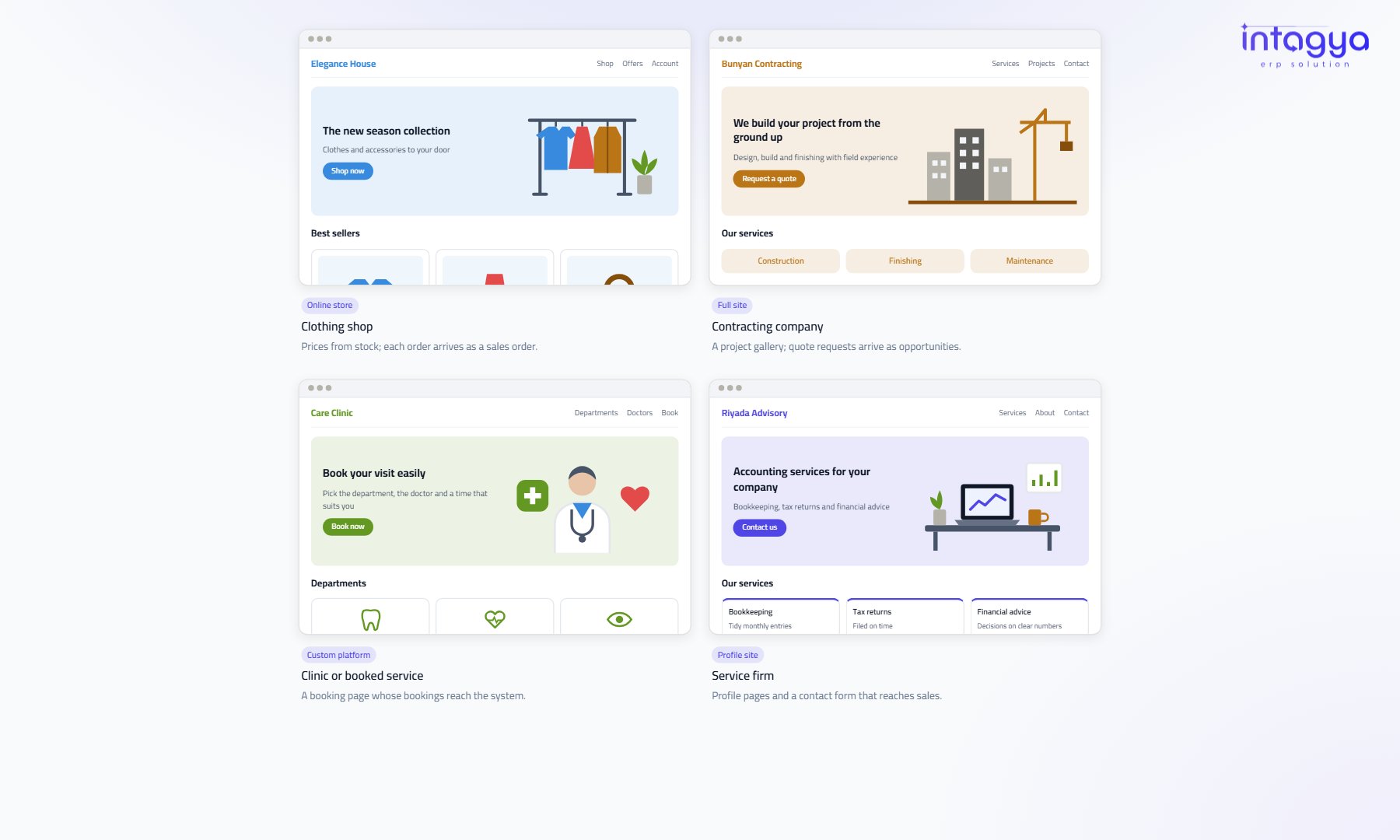 Sites we build: a clothing shop, a contractor, a clinic with bookings, a service firm